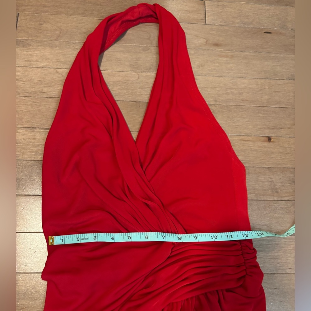 Tadashi Shoji Red Deep V Evening Gown Slit Backless Halter Dress Small - Picture 5 of 6